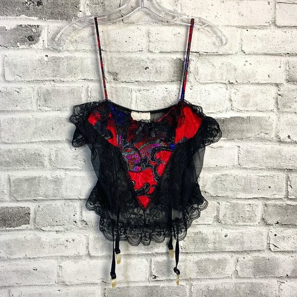Vintage Lingerie Sheer Lace Mesh Cami Crop Top with Garter Suspenders - Picture 1 of 14